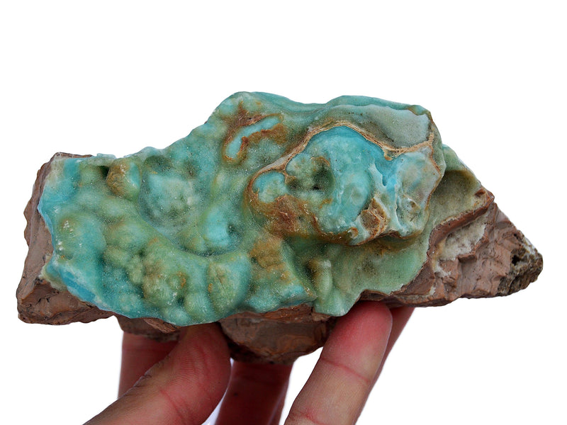 Raw big blue aragonite specimen on hand with white background