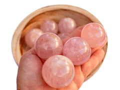 Four pink quartz crystal balls 40mm on hand  with background with some spheres inside a wood bowl on white