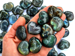 Some labradorite heart crystals 30mm on hand with background with several hearts on white background