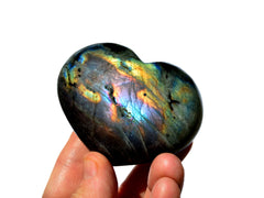 One multicolor labradorite heart stone 60mm on hand with white background