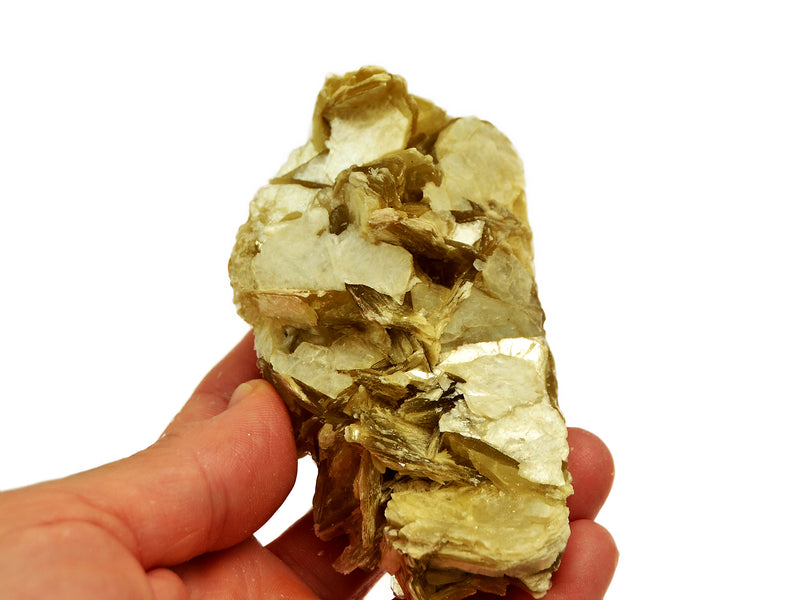 One large rough muscovite mineral 90mm on hand with white backround