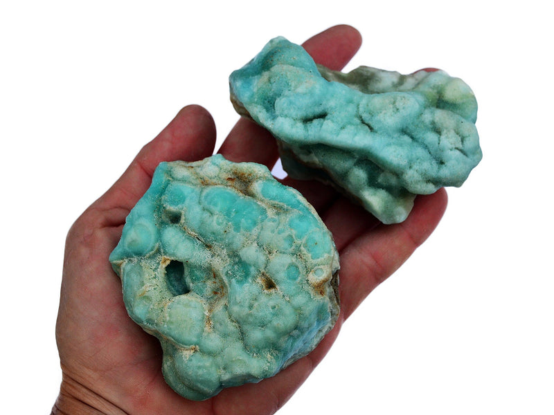 Two raw blue aragonite specimens on hand with white background