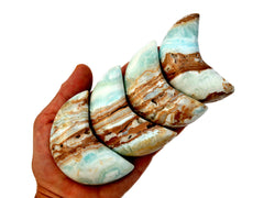 Four caribbean calcite shapped moon crystals 75mm on hand with white background