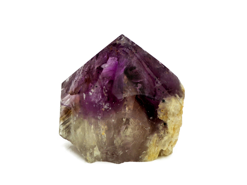 One semi polished amethyst crystal point 70mm on white background