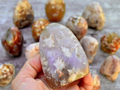 On gray and white flower agate free form crystal on hand with background with several agates on wood table