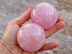 Two large rose quartz sphere stones 55mm - 60mm on hand with wood background