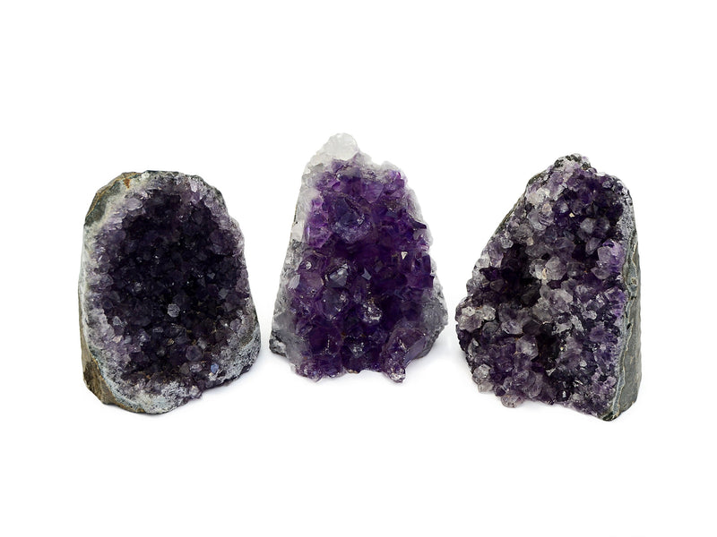 Three natural druzy amethyst cut base 90mm on white background