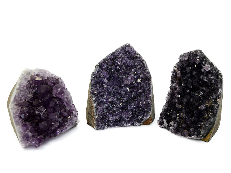 Three druzy amethyst cut base 70mm-80mm on white background