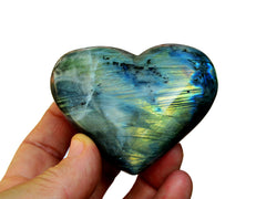 One blue labradorite heart mineral 70mm on hand with white background