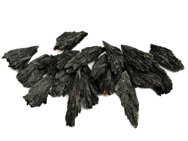 Several raw black kyanite crystals 30mm-100mm on white background