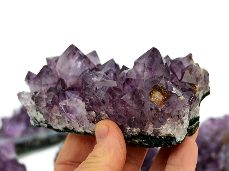 One large amethyst cluster on hand with background with some stones on white
