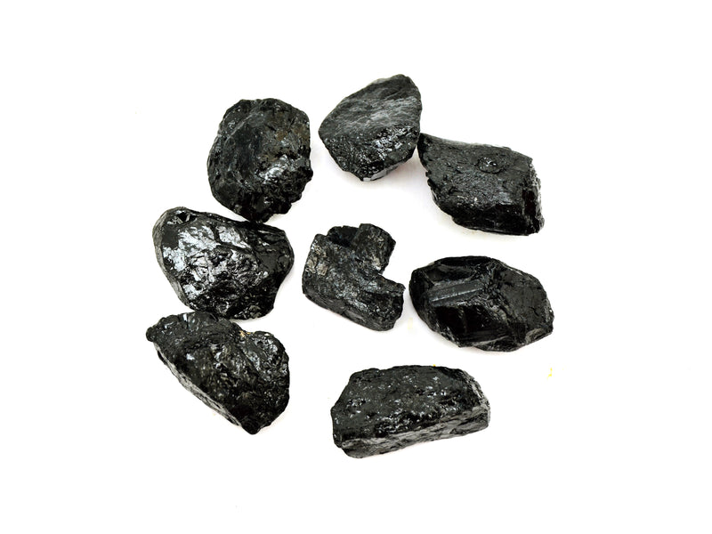 Eight rough black tourmaline crystals 20mm-55mmm on white background