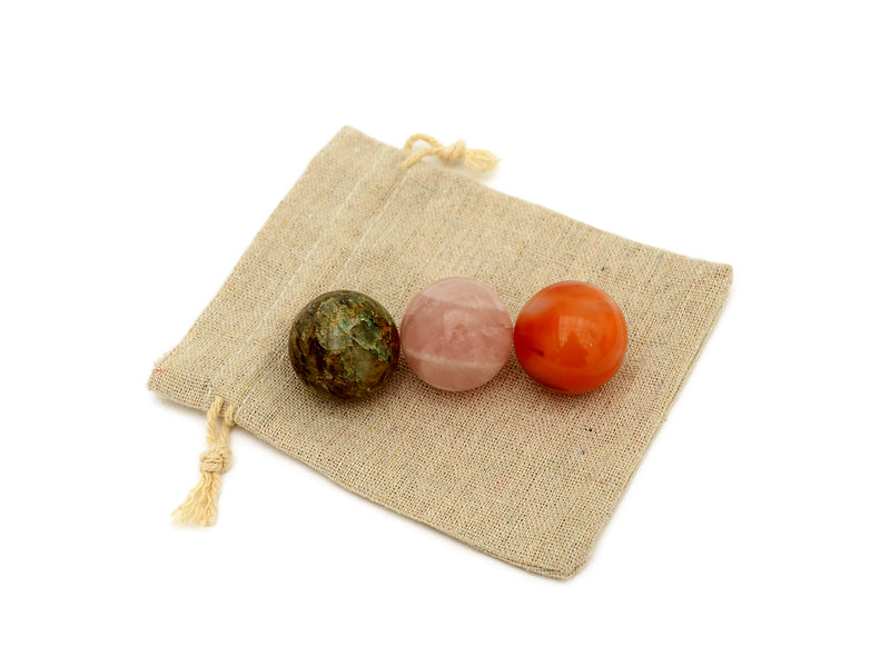 Carnelian, rose quartz and chrysocolla spheres 30mm on a small jute bag