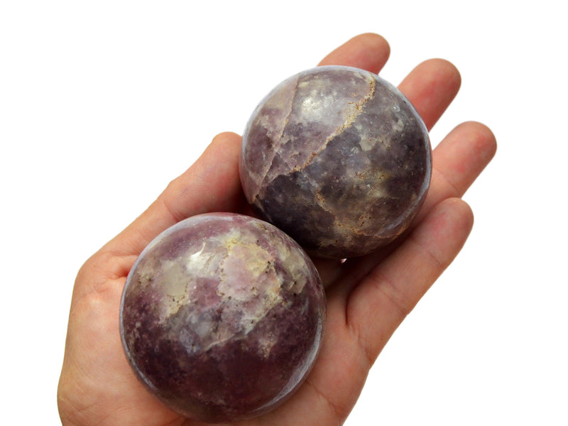 Two purple lepidolite spheres 55mm-60mm on hand with white background