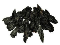 Several rough black kyanite crystals 40mm-90mm on white background