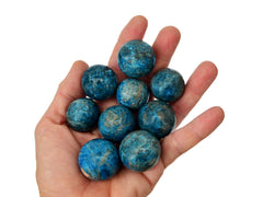 Some mini blue apatite spheres 25mm-35mm on hand with white background