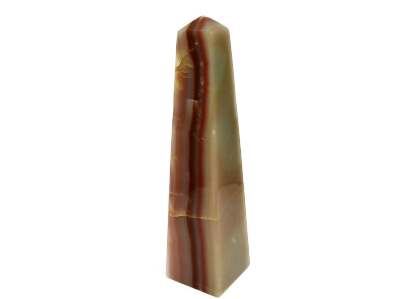 Large pink banded onyx crystal obelisk 250mm on white background