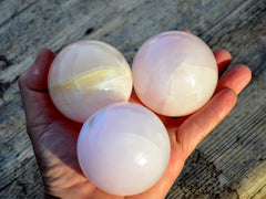 Three pink mangano calcite spheres 60mm-65mm on hand with wood background