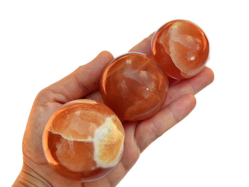 Three honey calcite crystal spheres 45mm-55mm on hand with white background