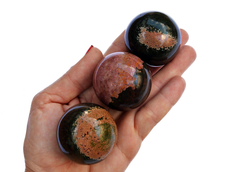 Three ocean jasper sphere minerals 50mm on hand with white background