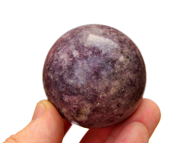 One purple lepidolite crystal ball 50mm on hand with white background