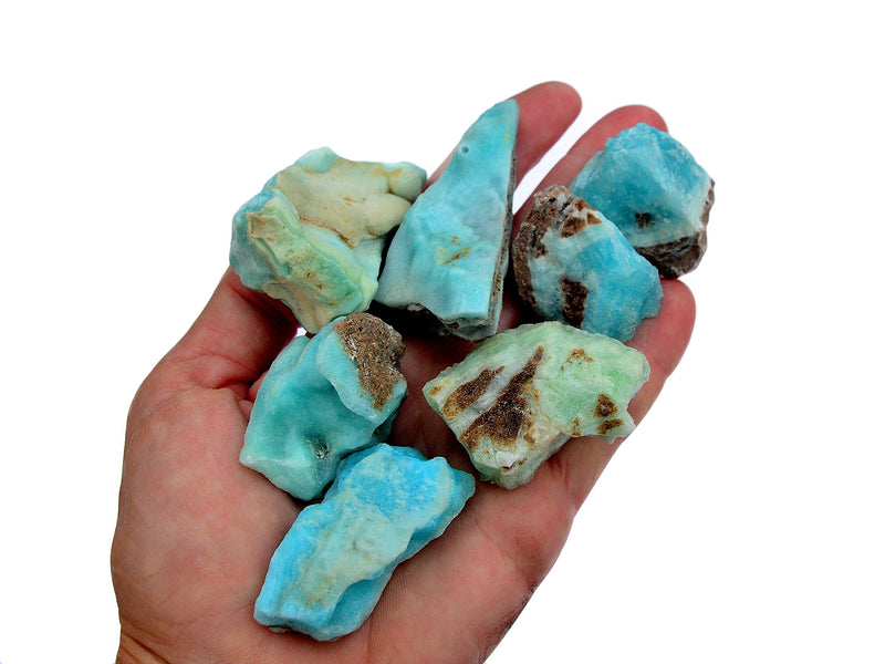 Seven small blue aragonite rough minerals on hand with white background
