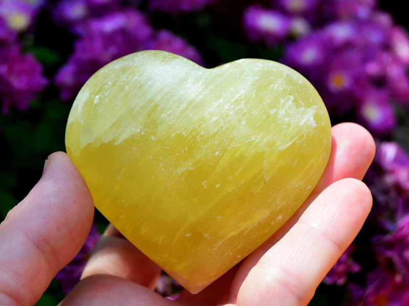 One lemon calcite heart shaped crystal 60mm on hand with background with purple flowers