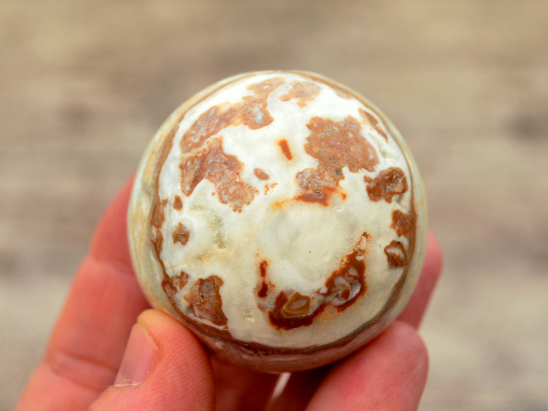 One caribbean calcite sphere crystal 50mm on hand with wood background