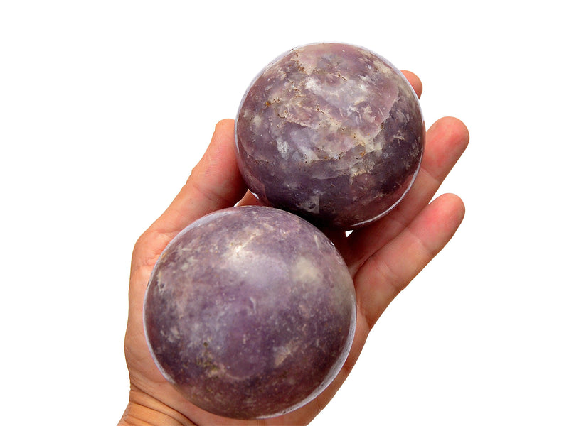 Two lepidolite purple spheres 60mm-70mm on hand with white background