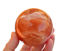 One large honey calcite sphere stone 70mm on hand with white background