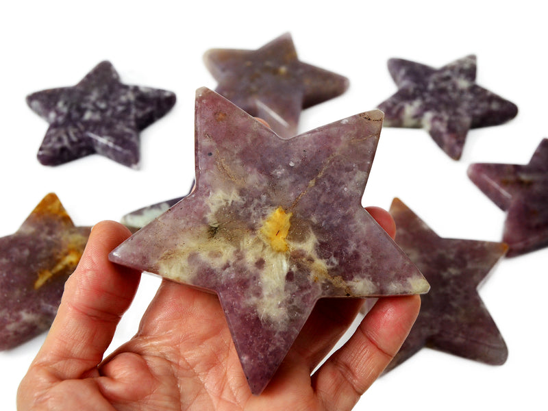 One large purple lepidolite star on hand with background with some crystals on white