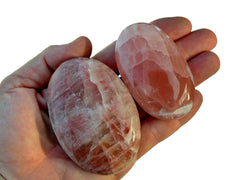 Two calcite palm stones 50mm-75mm on hand with white background