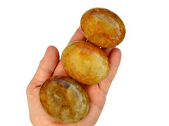 Three golden healer quartz palmstones 55mm-60mm on hand with white background