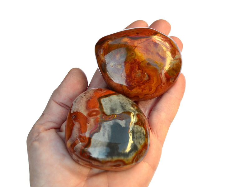 Two large polychrome jasper tumbled stones on hand with white background