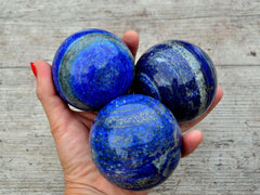Three blue lapis lazuli sphere crystals 65mm on hand with wood background