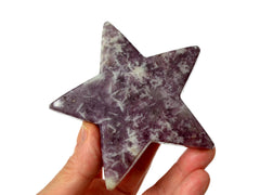 One purple lepidolite star 95mm on hand with white background 