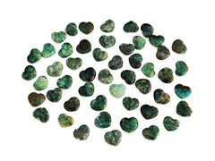 Several green chrysocolla heart shapped minerals 30mm on white background