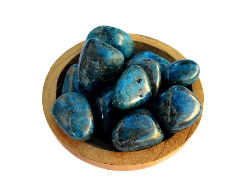 Several large blue apatite tumbled crystals inside a wood bowl on white background