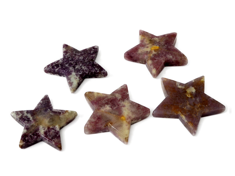 Five lepidolite star crystals 95mm-100mm on white background