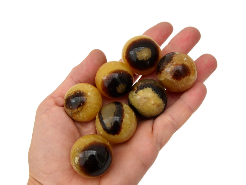 Small septarian crystal ball s25mm on hand with white background