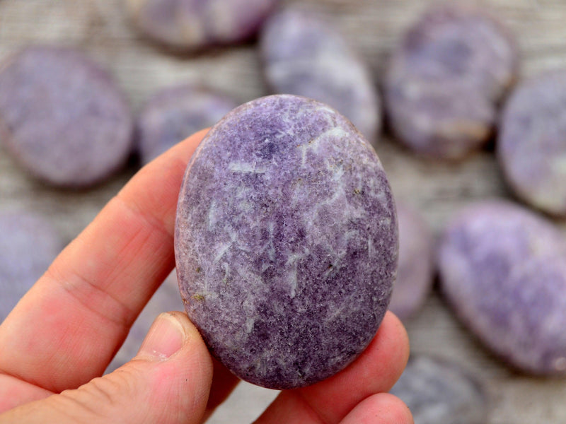 Lepidolite palm stone 50mm on hand with background with several crystals on wood table