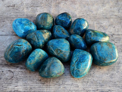 Several large blue apatite tumbled crystals on wood table