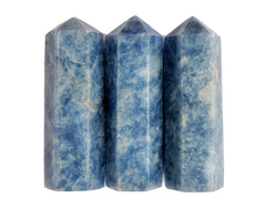 Three blue calcite crystal towers 110mm on white background