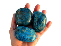 Three big blue apatite tumbled minerals on hand with white background