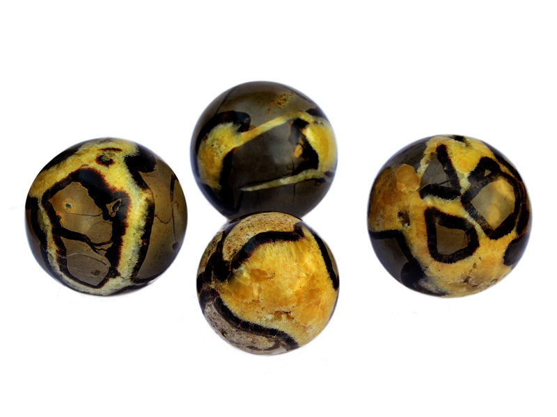 Four yellow septarian sphere minerals 70mm-90mm on white background