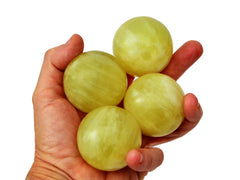 Four yellow calcite sphere crystals 45mm-50mm on hand with white background