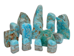 Several blue aragonite free form crystals 50mm-1140mm on white background