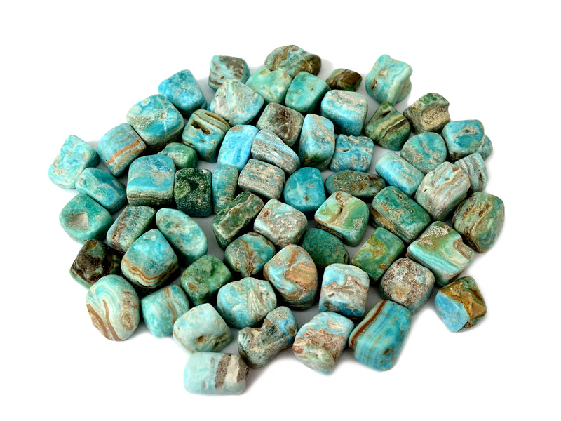 Several blue aragonite mini cube tumbled stones 20mm-30mm on white background