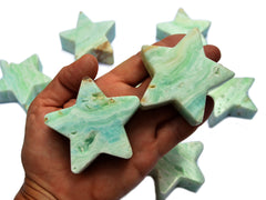 Two blue caribbean calcite star crystals 60mm on hand with background with some stars on white