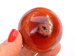 One natural red carnelian crystal sphere 45mm on hand with white background